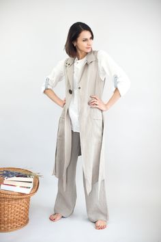 Elegant and comfortable women linen jacket is sewn from highest quality Lithuanian softened linen. This unique design linen jacket is perfect to be worn on everyday basis, as well as for some special occasions as an addition to your outfit. This comfortable to wear, exclusive and high quality long jacket is sleeveless and has clasp in the front as well as big decorational button. Linen cardigan can fastened with a belt. It also has two wide pockets, each on both sides of a jacket. Decoration col Jacket For Summer, Cardigan Summer, Linen Slip Dress, Linen Harem Pants, Natural Fiber Clothing, Plus Size Linen, Everyday Jacket, Linen Kimono, Linen Vest