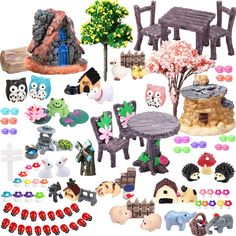 an assortment of toys and figurines are shown in this image on a white background