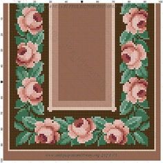 a cross stitch pattern with pink flowers and green leaves on the border, along with a brown background