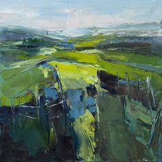 an abstract painting of green and yellow fields with blue sky in the background on canvas