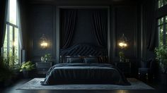 a bedroom with black walls and dark furniture