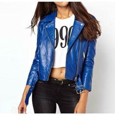 Blue Shiny Lambskin Leather Biker Belted Jacket - High Quality Leather Jackets For Sale | Dream Jackets On Jackethunt Blue Motorbike, Leather Jacket Details, Fashion Leather Jacket, Blue Leather Jacket, Womens Biker Jacket, Leather Jacket Style, Lambskin Leather Jacket, Jacket Outfit, Belted Jacket