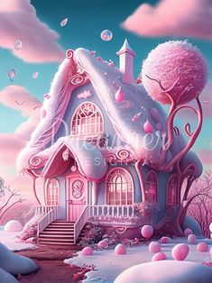 a pink house in the middle of a snowy landscape with lots of bubbles floating around it