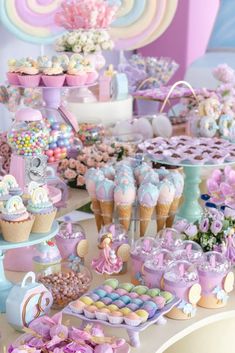 Treats For Birthday Party Table, Cupcakes Ice Cream Theme, Macaron Party Theme, Sweet 1 Birthday Party, Two Sweet Table Decor, Pastel Candy Birthday Party, Pastel Candy Table, Too Sweet Birthday Party Ideas, Two Sweet Dessert Table