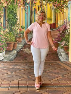 92% Nylon / 8% Spandex. Cathy is wearing a size medium V-neck short sleeve shirt. 3/4 sleeve. UPF50+ sun protection fabric. Silky feel. Straight hemline. Pre-shrunk. Center back length: 24 1/2 inches. Machine wash Online and in stores. Summer V-neck Stretch Short Sleeve Top, Summer Stretch V-neck Short Sleeve Top, Spring V-neck Stretch T-shirt, V-neck Stretch Short Sleeve Top For Summer, Stretch V-neck Short Sleeve Top For Summer, Short Sleeve Top With Upf 50+, Solid Color Short Sleeve Tops With Upf 50+, Short Sleeve Tops With Upf 50+, Stretch Short Sleeve Tops With Upf 50+