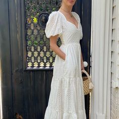 Nwot Mille Ecru Eyelet Maxi Dress. Fitted Waist, V-Neck, Short Puff Sleeves, Tiered Skirt. Zips In Back, Pockets. Perfect For Any Event For A Bride To Be! Xxs Fits Most Us 0, Xs Fits Most Us 2 . Short Sleeve Midi Dress With Broderie Anglaise For Brunch, Broderie Anglaise Midi Dress With Short Sleeves For Brunch, White Eyelet Dress Outfit, Eyelet Dress Outfit, Pearl White Color, Sleeveless Dress Casual, Lilly Pulitzer Maxi Dress, Eyelet Maxi Dress, Formal Bridesmaids Dresses