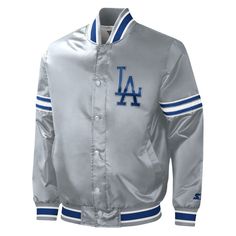 Take a stylish approach to game day with this Starter Slider full-snap Varsity jacket. It features a bold Los Angeles Dodgers design with neat stripes, bold graphics and a fresh satin finish. Multiple pockets allow for convenient storage. Ribbed collar, cuffs and waistband with woven stripes Embroidered fabric applique Two interior slip pockets Officially licensed Two front pockets Satin finish Material: 100% Polyester Machine wash, tumble dry low Full Snap Sewn-on sleeve stripes Stand-up collar Game Day Long Sleeve Winter Track Jacket, Long Sleeve Track Jacket For Game Day In Winter, Winter Long Sleeve Track Jacket For Game Day, Team-colored Collegiate Outerwear For Sports Events, Winter Game Day Long Sleeve Outerwear, Long Sleeve Outerwear For Game Day In Winter, Long Sleeve Winter Outerwear For Game Day, Team-colored Track Jacket For Game Day In Winter, Team-colored Outerwear For Game Day And Sports Season