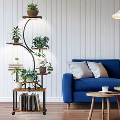 a living room with a blue couch and bookshelf filled with potted plants