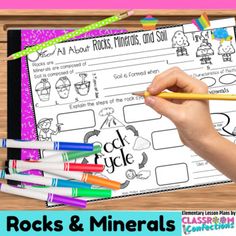 rocks and minerals worksheet for kids with pencils on the table next to it