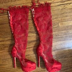 Red Lace Boot. 4” Heel, 1 1/2” Platform, From Heel To Top Of Lace On Boot Is 23”. Nwot, I Do Not Have The Original Box. As You Can See In The Pictures I Have Never Worn These. Size 6.5. Elegant Red Boots With 4-inch Heel, Red Platform Heels For Wedding, Red Lace-up Heels For Party, Elegant Red Boots For Party, Elegant Red Lace-up Boots, Party Heels With Red Sole And Lace-up Shape, Red 4-inch Heel Fitted Heels, Red Open Toe Fitted Boots, Red Lace-up Platform Heels