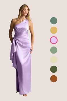 a woman in a purple dress with different colors