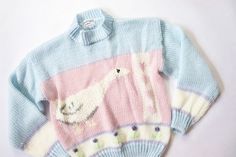 Pastel Sparkle Sweater Fairy Kei Kawaii Goose Duck Bird Cute Animal Novelty Print 1980s Hand Knit Ju Cute Goose, Bird Cute, 80s Sweatshirt, Pastel Sweater, Hand Knitted Jumpers, Duck Bird, Jumper Shirt, Kawaii Clothes