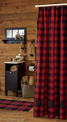 Wicklow Bear Black and Red Check Shower Curtain-Lange General Store Lodge Shower Curtain, Camp Decor, Cabin Bathrooms, Log Cabin Decor, Bathroom Themes, Bathroom Red, Social Circle, Cabin Living, Rustic Cabin Decor