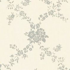 a white and blue floral wallpaper with grey flowers on the side, in an ornate pattern