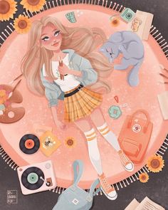 an illustration of a girl surrounded by objects