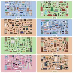 four different types of living room and kitchen layouts, each showing the various rooms