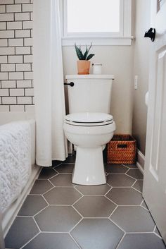 a white toilet sitting in a bathroom next to a window with a potted plant on top of it