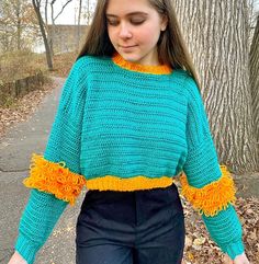 A gorgeous chunky two-tone sweater with fluffy sleeve detailing that makes the perfect staple piece for your crochet wardrobe! Pattern includes step-by-step instructions, list of materials needed, and assembly directions. Crochet Wardrobe, Wardrobe Pattern, Fluffy Sleeves, Wave Sweater, Kids Crochet, Sweater Crochet, Your Crochet, Sweater Crochet Pattern, Crochet For Kids