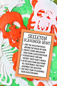 an assortment of skeleton scavengers on a white background with orange and green accents