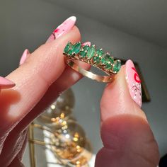 Emerald Half Band Ring In A Size 6 And It Is 14k Yellow Gold. Estimate Dated 1940s Please Note That All My Pieces Are Pre-Owned And Pre-Loved Unless Noted Otherwise. They Will Have Patina, Surface Wear, A Few Small Nicks. These Pieces May Also Have Evidence Of A Sizing, Some Build Up Around The Stones And / Or Inclusions Seen Under Magnification, Typical For Antique Pieces. If There Are Any Glaring Issues I Will Point Them Out! Pictures Also Serve As Part Of The Description And Condition Report So Please Utilize The Zoom Feature. Out Pictures, Ring Color, Gold Yellow, Womens Jewelry Rings, Band Ring, Band Rings, Patina, Emerald, Gems