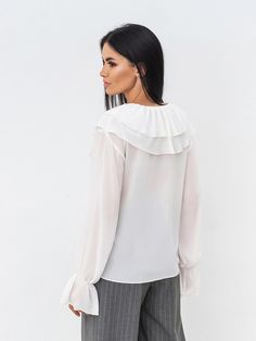 Elegant Chiffon V-neck Tops, Solid Chiffon V-neck Tops, Chiffon V-neck Tops, Elegant Chiffon V-neck Blouse, Elegant V-neck Chiffon Blouse, Elegant V-neck Chiffon Tops, White Chiffon Top For Work, White Chiffon Top For Workwear, Flowy Chiffon V-neck Blouse