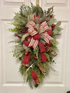 a wreath hanging on the front door with evergreen, pine cones and red ribbon around it