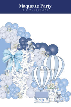 a blue and white background with balloons in the shape of an air balloon, on top of