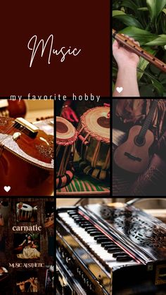 music collage with musical instruments, flowers, and other things that are in the background