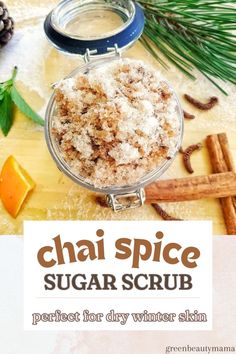 Treat your skin to a homemade chai spice sugar scrub that's easy to make and leaves you feeling silky smooth. This DIY sugar scrub recipe is perfect for holiday pampering or gifting, with all-natural ingredients and a warm, spicy scent Holiday Sugar Scrub Diy, Diy Scrubs Body Sugar, Winter Sugar Scrub, Sugar Scrubs Recipes, Brown Sugar Scrub Diy, Easy Diy Sugar Scrub, Homemade Chai Spice, Christmas Canning, Diy Sugar Scrubs