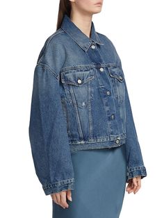 "Find ACNE STUDIOS Morris Cropped Denim Jacket on Editorialist. The Morris jacket from Acne Studios is crafted of cotton denim in a cropped fit. This oversized style is finished with distressed detailing. Point collar Long sleeves, button cuffs Button-front closure Chest buttoned flap pockets Side pockets 100% cotton Dry clean Made in Italy SIZE & FIT This style is designed for an oversized fit Measurements are taken from a US size 2 About 18\" from shoulder to hem Bust, about 49\" Model measure Acne Shop, Cropped Denim Jacket, Oversized Style, Cropped Denim, Denim Jacket, Acne Studios, Size 2, Dry Clean, Acne