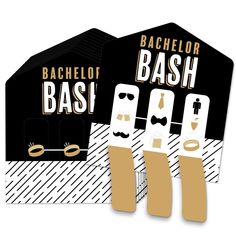 bachelor bash party supplies with mustaches and glasses on the front, black and white background