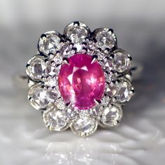 Exquisite Pink Diamond Ring With Rose Cut, Pink Cluster Rings For Anniversary, Formal Pink Rings With Rose Cut Diamonds, Pink Formal Rings With Rose Cut Diamonds, Pink Cluster Ring With Rose Cut Diamonds For Anniversary, Elegant Pink Cluster Ruby Ring, Heirloom Style Pink Cluster Ring For Anniversary, Vintage Pink Diamond Ring With Hallmark, Vintage Pink Diamond Ring Hallmarked