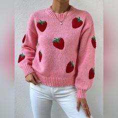 New Girly Chic Strawberry Embroidered Knit Sweater * Long Sleeve * Ribbed Knit Detail * Relaxed Dropped Shoulder * Soft Stretch Pullover * Round Neckline *Approximate Unstretched Measurements* Small (4) *Bust 40" *Sleeve Length 25.75" *Length 20.5" Medium (6) *Bust 41.75* Sleeve Length 26.25" *Length 20.75" Large (8/10) *Bust 44" *Sleeve Length 26.75" * Length 21.5" ** On Order ** Will Ship In 7- 14 Days * Color : Pink Red Green Fabric : Soft Poly Yarns #Spring Fall Winter Casual Dress Western S Casual Pink Acrylic Tops, Pink Crew Neck Sweater In Acrylic, Pink Crew Neck Acrylic Sweater, Pink Acrylic Crew Neck Sweater, Casual Embroidered Knit Sweater, Red Crew Neck Acrylic Top, Red Acrylic Crew Neck Top, Cute Crew Neck Knit Sweater, Cute Red Sweater For Fall