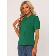 The beautiful and soft blouse adds a touch of elegant, feminine style to your wardrobe. It is suitable for spring and summer and for many occasions, such as casual, work, office, meeting, dating, weekend, leisure, and daily wear. Pair this doll-collar shirt with the high-waist jeans and sneakers for your casual-chic look, or wear it with a pencil skirt and high heels for sophistication and elegance. Summer Gingham, Linen Shorts Women, Peter Pan Collar Blouse, Doll Collar, Office Meeting, Elegant Feminine, Ruffle Sleeve Blouse, Work Shirt, Polka Dot Blouse