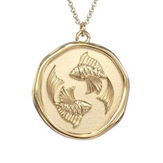 14K Yellow Gold Engravable Pisces Zodiac Medallion Necklace | Jewlr Pisces Necklace 150.00 For Men, Luxury Formal Jewelry With Zodiac Sign, Luxury Etched Symbolic Jewelry, Luxury Etched Round Pendant Necklace, Pisces Jewelry Stones, Pisces Jewelry Dish, Cheap Symbolic Pendant Necklaces, Luxury Etched Amulet Necklaces, Luxury Etched Amulet Style Necklaces