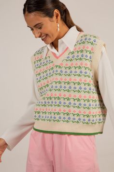 Shop for Pink and green tiny intarsia flower sweater vest at Glassworks London. Free UK shipping for orders over £75. Buy Now Pay Later with Klarna. Argyle Sweater Vest, Flower Sweater, Floral Vests, Black Herringbone, London Free, Turtle Neck Jumper, Floral Sweater, Argyle Sweater, Vest Outfits