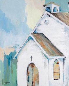 a painting of a white church with a brown roof