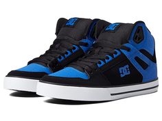 DC Pure High-Top WC - Men's Skate Shoes : Black/Royal : Bring clean, classic skate style to your everyday with the DC Pure High-Top WC skateboard shoes! Skate shoes in a high-top silhouette. Leather, nubuck, suede, or canvas upper with premium textile quarter. Foam padded tongue and collar for added comfort and support. Mesh lining for breathable wear. Wrap cupsole construction for long-lasting durability. Abrasion-resistant sticky rubber outsole. Outsole features DC's trademarked Pill pattern t Urban High-top Skate Shoes With Vulcanized Sole, Sporty High-top Canvas Shoes For Skateboarding, High-top Skate Shoes With Gum Sole For Skateboarding, High-top Sneakers With Vulcanized Sole For Skateboarding, High-top Sneakers For Skateboarding, High-top Suede Skate Shoes With Rubber Sole, High-top Canvas Shoes For Skateboarding With Gum Sole, High-top Sneakers With Branded Insole For Skateboarding, High-top Canvas Shoes With Gum Sole For Skateboarding