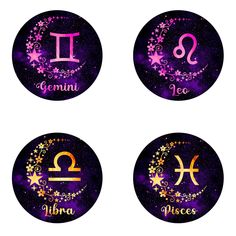 four zodiac signs are shown in purple and gold colors, with stars around the symbols