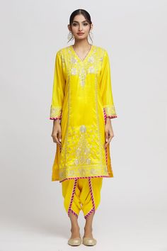 Yellow kurta with thread, gota embroidery in floral pattern. Paired with dhoti pant and dupatta. - Aza Fashions Diwali Traditional Cotton Silk Wear With Gota Work, Diwali Traditional Wear With Gota Work In Cotton Silk, Diwali Traditional Wear In Cotton Silk With Gota Work, Traditional Slub Silk Churidar With Dori Work, Navratri Cotton Silk Unstitched Suit With Dori Work, Diwali Cotton Silk Salwar Kameez With Dori Work, Navratri Gota Work Unstitched Suit With Traditional Drape, Unstitched Banarasi Silk Salwar Kameez With Gota Work, Slub Silk Unstitched Suit With Dori Work For Festivals