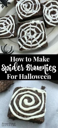 spider web brownies on a plate with white icing and black spider crawling around them