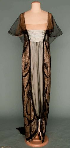 Worth Empire Evening Gown, Paris, C. 1912. Pale blue silk charmeuse covered with black silk tulle. Vintage Frocks, House Of Worth, Paul Poiret, 파티 드레스, Edwardian Dress, Old Dresses