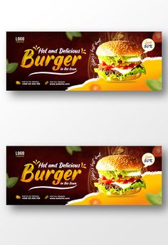 two banners with burgers on them for food and drink advertising, one is red and the other is yellow