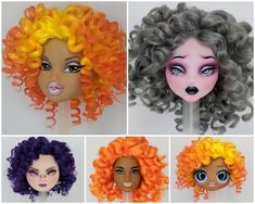 four wigs with different colored hair on top of each one, including orange and purple