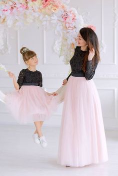 Mother Daughter Matching Dress, Blush Black Dress, Mommy and Me Outfit Mother daughter matching maxi lace tutu dresses in black and blush color. Mommy and Me matching outfits can be ordered in different colors. Mommy`s dress is maxi tutu dress with long sleeves, and daughters dress is floor length tutu with long lace sleeves. Color and fabric: cotton lace and cotton lining, tulle Length of the dresses can be made as you wish. Additional cost may be applied For better fit you can leave in the not Mummy And Daughter Same Dress, Formal Gown Photoshoot, Gown Photoshoot, Mommy And Me Matching Outfits, Dresses In Black, Dress Birthday Party, Long Lace Sleeves, Mother Daughter Fashion, Mother Daughter Dresses Matching