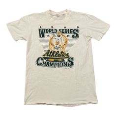 Vintage 1988 World Series Champions Oakland Athletics T-Shirt Adult Medium To purchase go to Vintage Sports Shirts, Vintage College Shirts, College Shirt Design, Bear And Duck, Merch Shoot, World Series Shirts, Unique Font, Cool Slogans, Vintage College