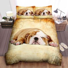 a brown and white dog laying on top of a bed next to two pillow cases