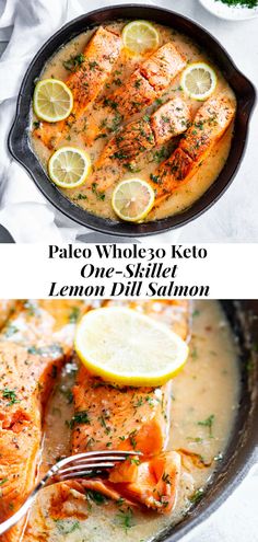 two pictures of salmon and lemon in a skillet