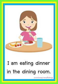 a girl eating dinner in the dining room with a blue and green border around her