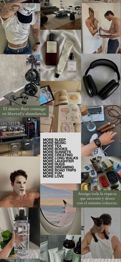 a collage of photos with various items and text on them, including an advertisement for the